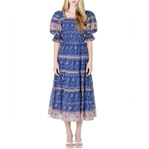Sea NY Rosita Blue Floral Cotton Smocked Puff
Sleeve Tiered Midi Dress Small S
